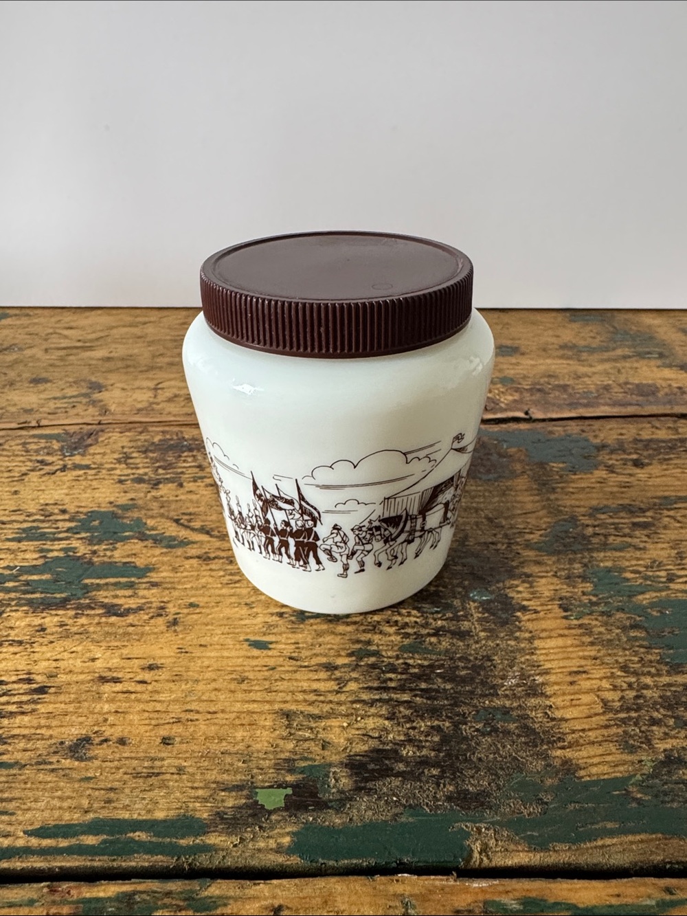 Vintage Milk Glass Jar with Brown Lid and Country Scene - Picture 3 of 6